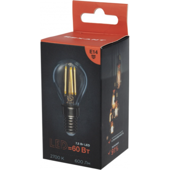 Лампа филаментная REXANT Шарик GL45 7,5Вт 600Лм 2700K E14 диммируемая, прозрачная колба Лампа филаментная REXANT Шарик GL45 7,5Вт 600Лм 2700K E14 диммируемая, прозрачная колба